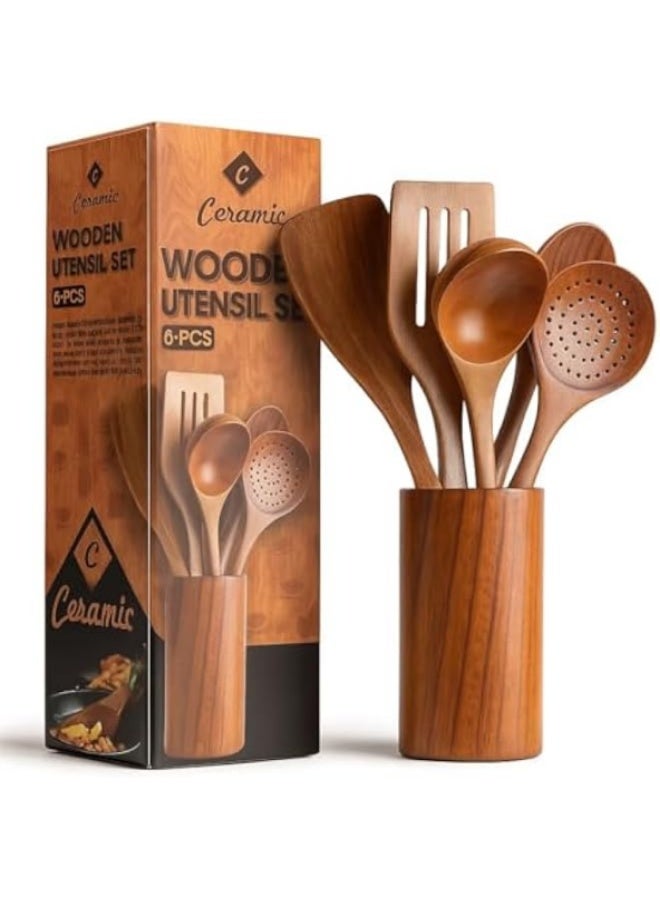 CERAMIC Wooden Spoons For Cooking 6 Piece Organic Bamboo Utensil Set With Holder Wood Kitchen Utensils Spatula Spoon For High Heat Stirring In Nonstick Pots & Pans Quality (Dark Brown) - Image 1